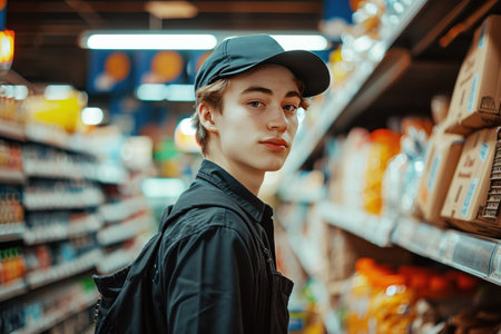 Portrait of young worker in supermarket.の素材