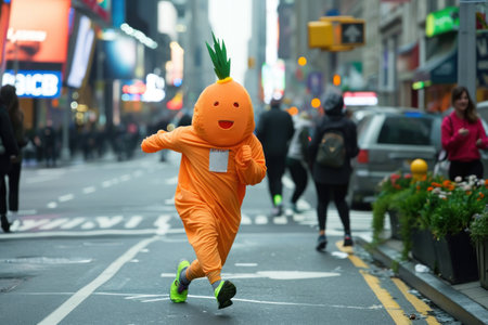 Character dressed as a carrot runs down the street with a marathon.の素材