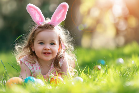 Little girl playing eggs in hunt on Easter.の素材