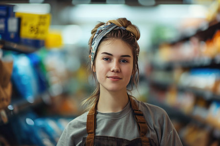 Portrait of young worker in supermarket.の素材