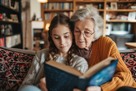 Senior woman and her granddaughter with book at home.の素材