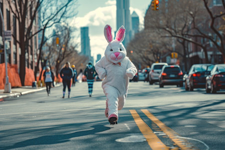 Character dressed as a bunny runs down the street with a marathon.の素材