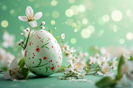 Flower painted Easter egg green background with flowersの素材