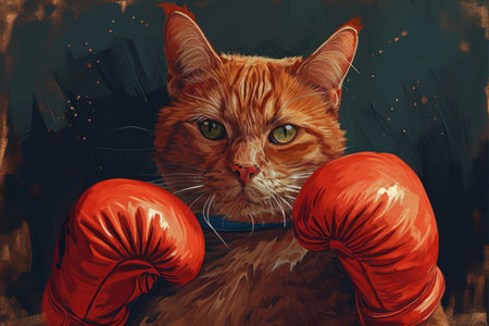 Stern red cat wearing boxing gloves.の素材