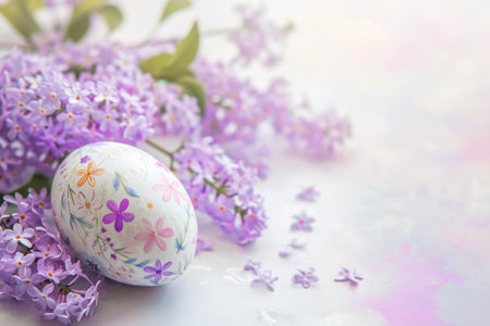 Flower painted Easter egg on lilac background.の素材