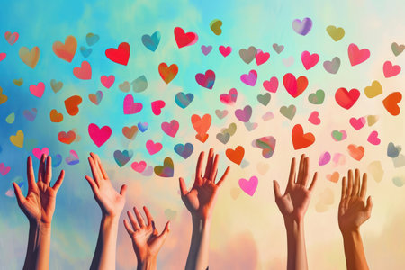 Raised arms of people to colorful hearts in the sky.の素材