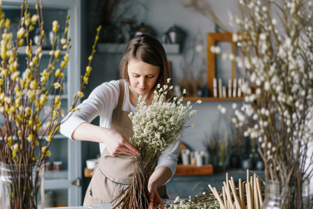 Attractive woman florist making a bouquet of willow in flower shop. Spring easter mood.の素材
