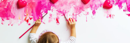 Banner with cute girl aganist child painted pink hearts background.の素材