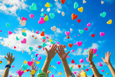 Raised arms of people to colorful hearts in the sky.の素材