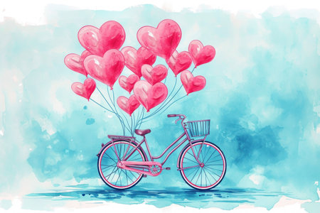 Greeting card with bicycle with pink balloons.の素材