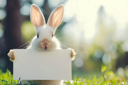 Funny baby rabbit holding a blank poster. Copy space for your text.の素材