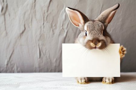 Funny baby rabbit holding a blank poster. Copy space for your text.の素材