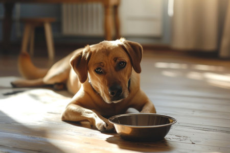 Very sad dog near an empty bowl.の素材