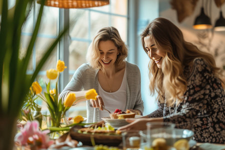 Happy woman making family easter dinner at home.の素材