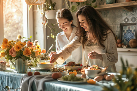 Happy woman making family easter dinner at home.の素材