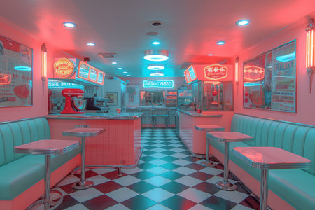 Colorful retro american diner interior design, bar, cafe.の素材