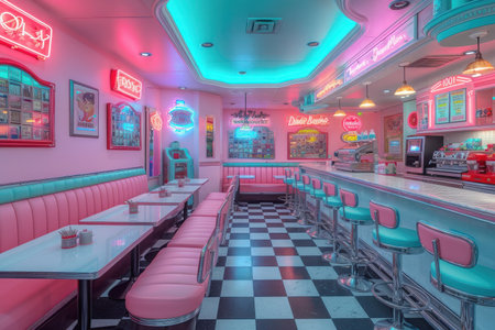 Colorful retro american diner interior design, bar, cafe.の素材