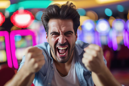 Happy man celebrating winning money in the casino.の素材