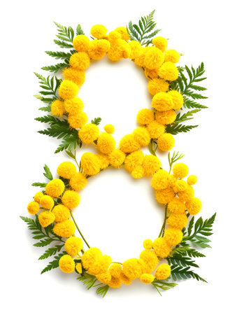 Number eight from yellow mimosa. Greeting card for International Women's Day on March 8th.の素材
