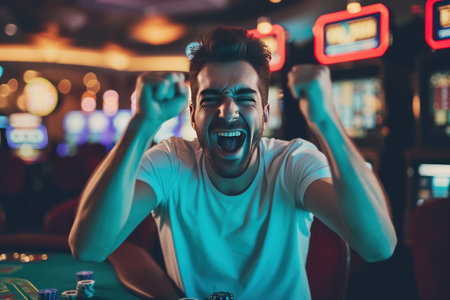Happy man celebrating winning money in the casino.の素材