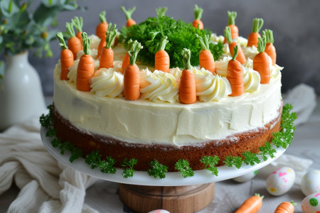 Easter cake with cream and mini marzipan carrots.の素材