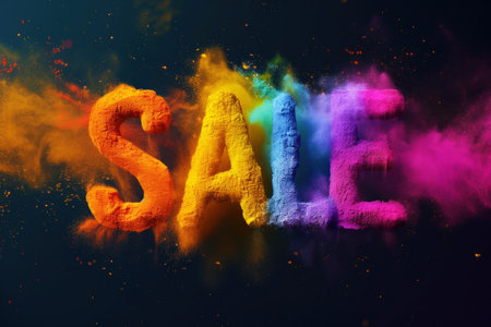 Bright colorful word SALE on black festive background.の素材