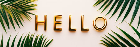 Banner with the word HELLO on white background with palm leaves.の素材