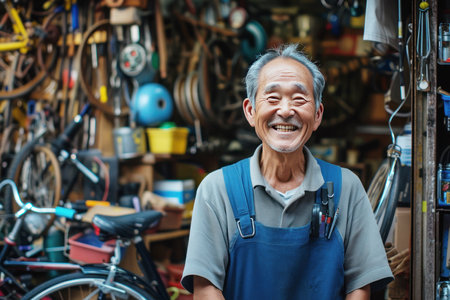 Smiling asian man near bicycle repair workshop.の素材