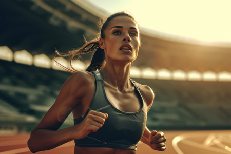 Woman athlete running in stadium.の素材