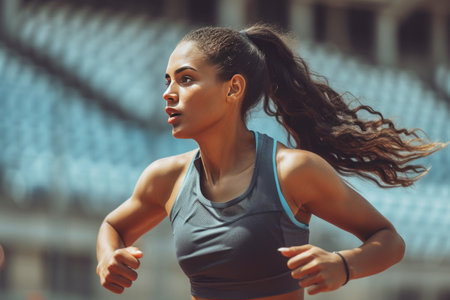 Woman athlete running in stadium.の素材