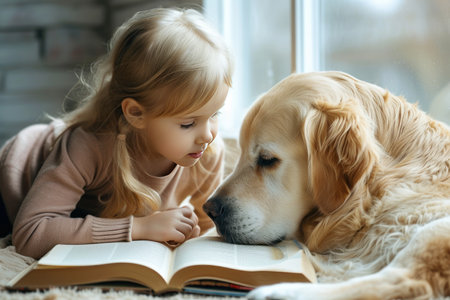 Girl and dog reading book together.の素材