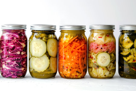 Fermented vegetables in jars on kitchen table.の素材