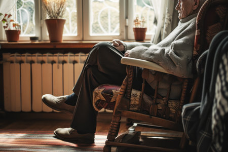 Elderly man sitting in chair in nursing homeの素材