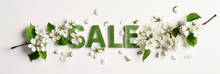 Banner with green word SALE on white background with blossom cherryの素材