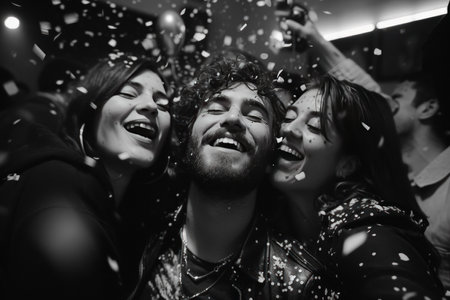 Friends enjoying party and throwing confetti.の素材