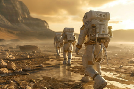 Astronauts in spacesuits on the surface of new planet.の素材