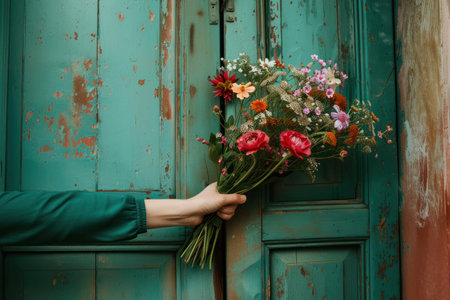 Hand with bouquet of flowers.の素材