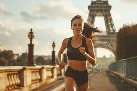 Female athlete running in Paris.の素材