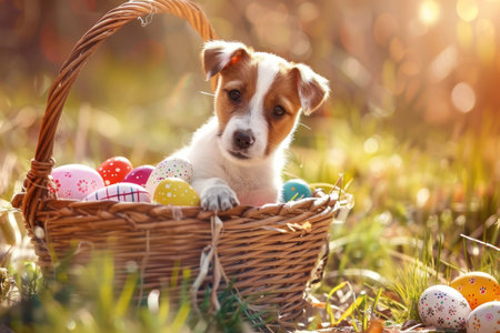 Cute puppy in easter basket. Place for text.の素材