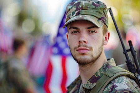 Young soldier in camouflage with an American flag backdrop, symbolizing Memorial Day.の素材
