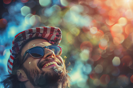 A joyful man with a beard wearing a checkered hat and sunglasses laughs against a bokeh light background.の素材