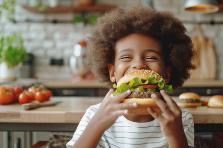 Happy afro american child with homemade burger at kitchen.の素材