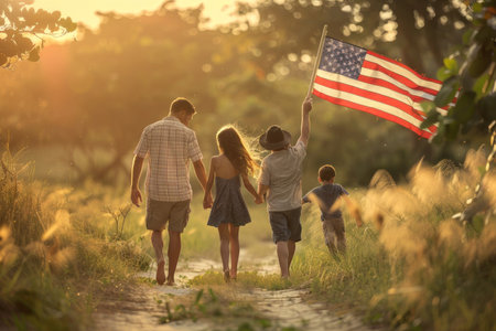 A family walks together, a child waves the US flag in Memorial Day.の素材