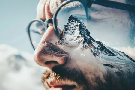 Man with a mountain range overlay, merging nature and portrait. Double exposure.の素材