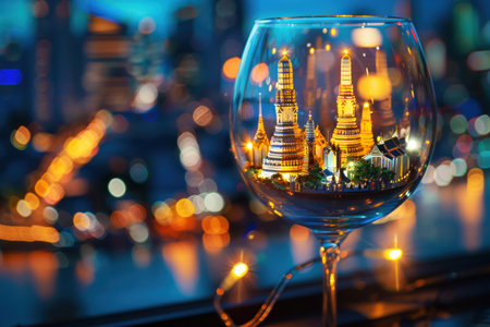 Wine glass captures a cityscape, blending urban glow with architectural elegance.の素材