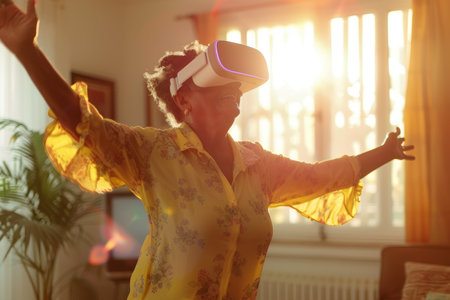 Woman in a VR headset, arms raised, joyfully exploring a virtual space.の素材