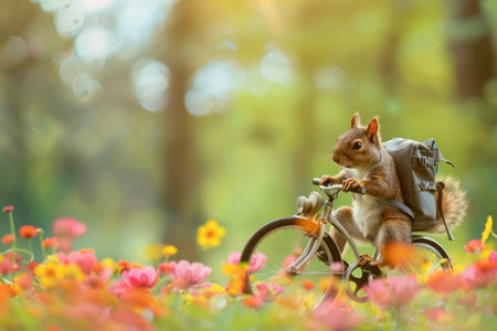 Funny squirrel with backpack riding a bicycle in summer forest among flowers.の素材
