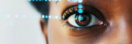 Banner with close-up of a woman's eye with digital overlay.の素材