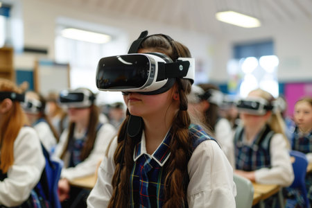 A student in a classroom wearing a VR headset, exploring virtual reality.の素材