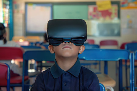 A student in a classroom wearing a VR headset, exploring virtual reality.の素材